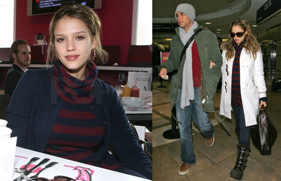That's precisely what Jessica Alba did in her striped turtleneck dress, 