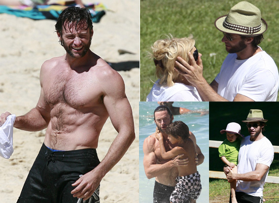 Topless Hugh Jackman with Six Pack and Family Play on the Beach in Sydney