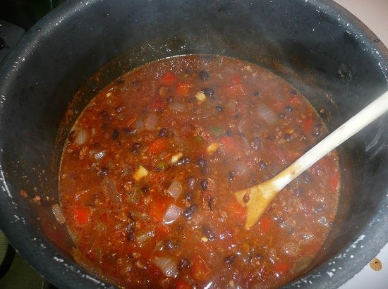 After simmering for a while. It looks SO much like chili when using the bulk chorizo.