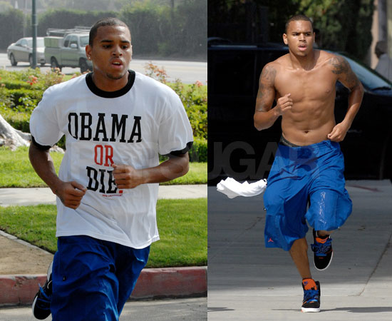 In the middle of his workout, Chris ditched his Obama t-shirt and showed off 