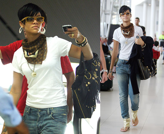 rihanna in jeans. Rihanna, LV scarf and jeans