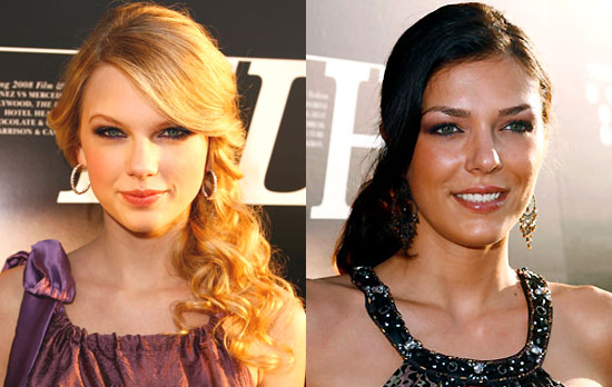 Taylor's hair is longer so it cascades down her shoulder while Adrienne's 