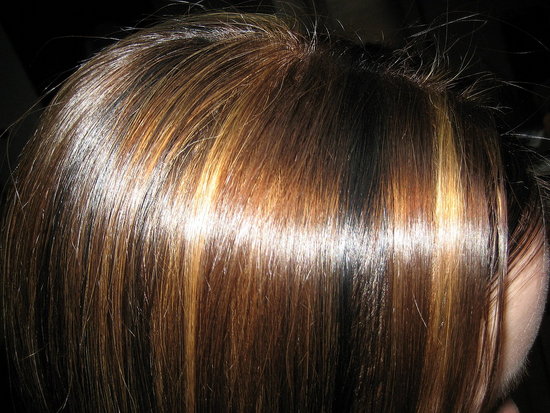 dark brown hair with blonde highlights and lowlights