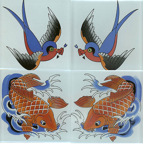  are made of glass tile and hand screened with custom tattoo designs