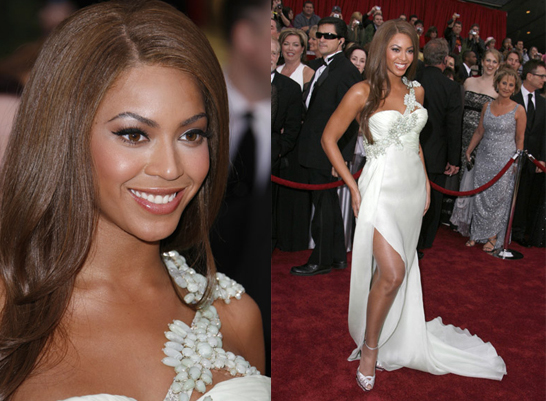 Beyonce goes for the elegant look with this flowing mint green Armani Priv